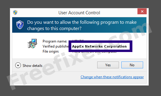 Screenshot where AppEx Networks Corporation appears as the verified publisher in the UAC dialog